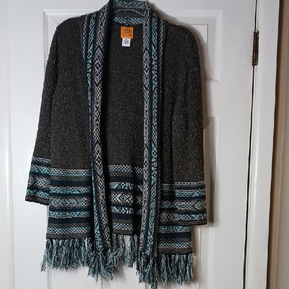 Ruby Rd. Sweaters - Ruby Rd. Gray and Teal Patterned Cardigan with Fringe XL